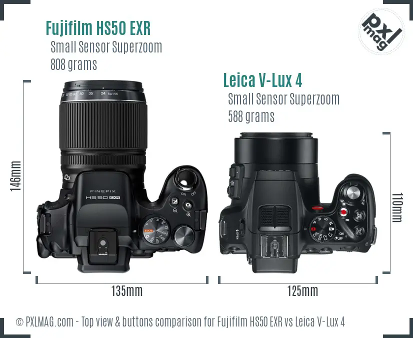 Fujifilm HS50 EXR vs Leica V-Lux 4 top view buttons comparison