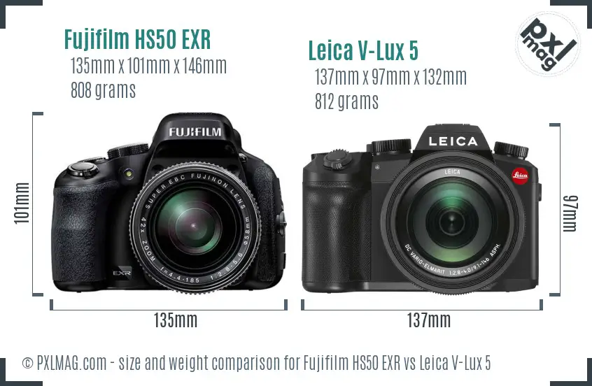 Fujifilm HS50 EXR vs Leica V-Lux 5 size comparison