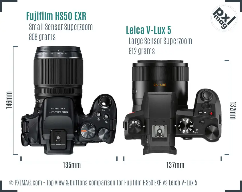Fujifilm HS50 EXR vs Leica V-Lux 5 top view buttons comparison