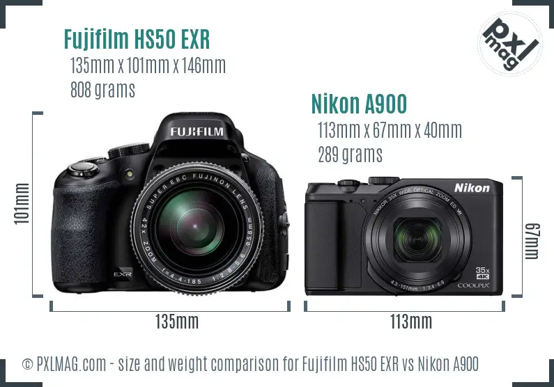 Fujifilm HS50 EXR vs Nikon A900 size comparison