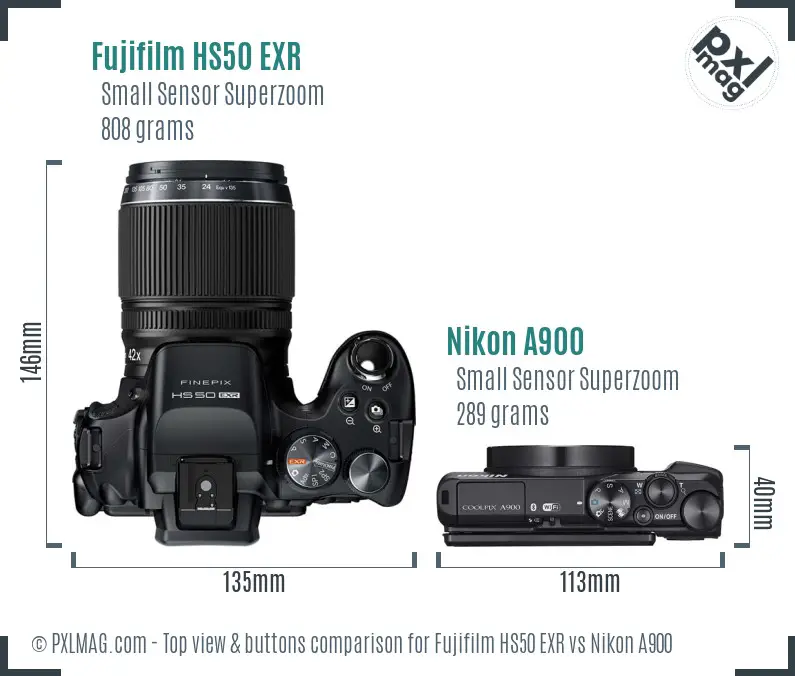 Fujifilm HS50 EXR vs Nikon A900 top view buttons comparison