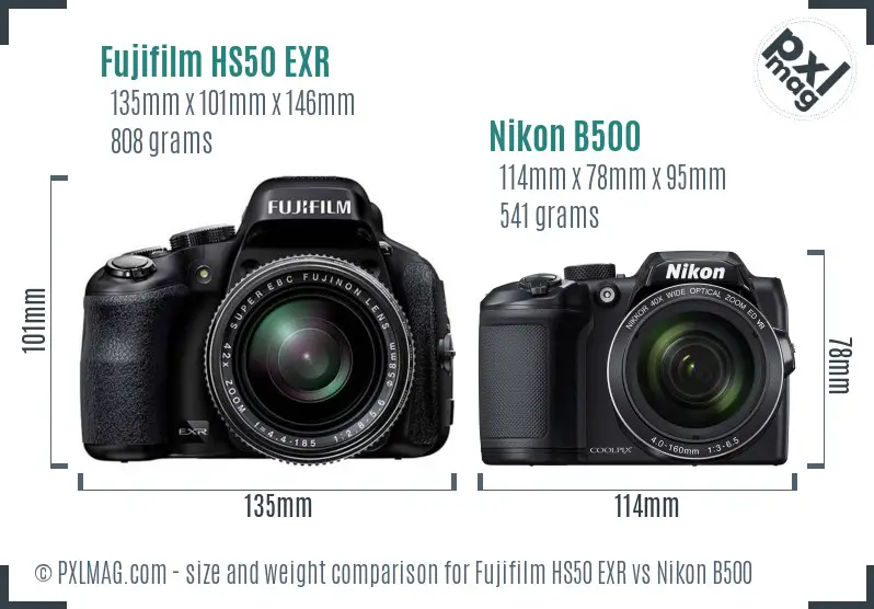 Fujifilm HS50 EXR vs Nikon B500 size comparison
