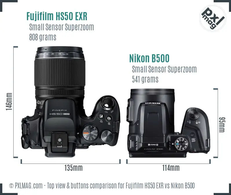 Fujifilm HS50 EXR vs Nikon B500 top view buttons comparison