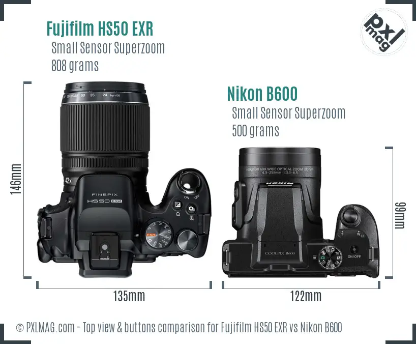 Fujifilm HS50 EXR vs Nikon B600 top view buttons comparison