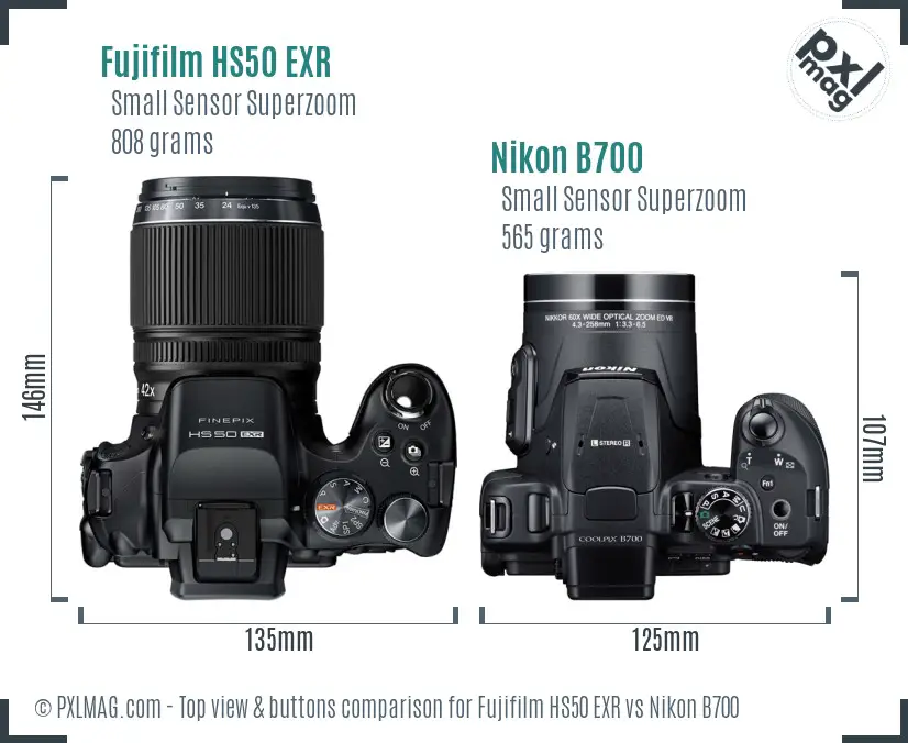 Fujifilm HS50 EXR vs Nikon B700 top view buttons comparison