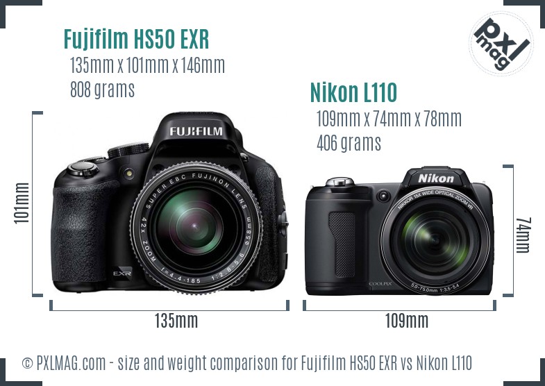 Fujifilm HS50 EXR vs Nikon L110 size comparison