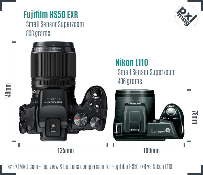 Fujifilm HS50 EXR vs Nikon L110 top view buttons comparison