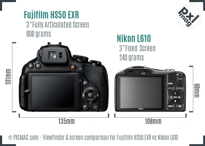 Fujifilm HS50 EXR vs Nikon L610 Screen and Viewfinder comparison