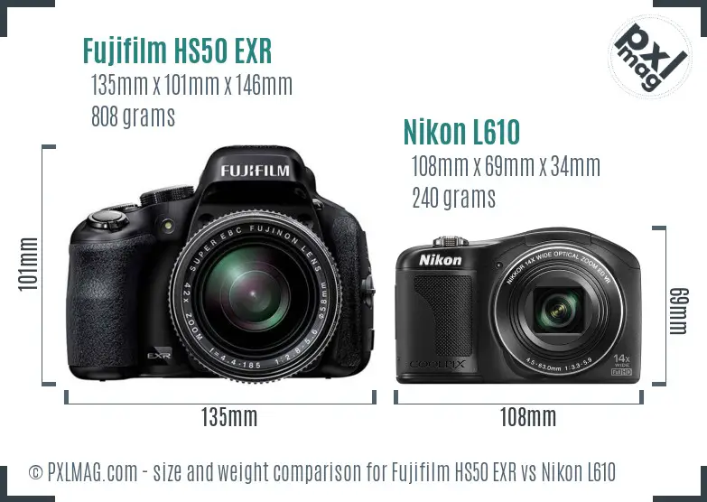 Fujifilm HS50 EXR vs Nikon L610 size comparison