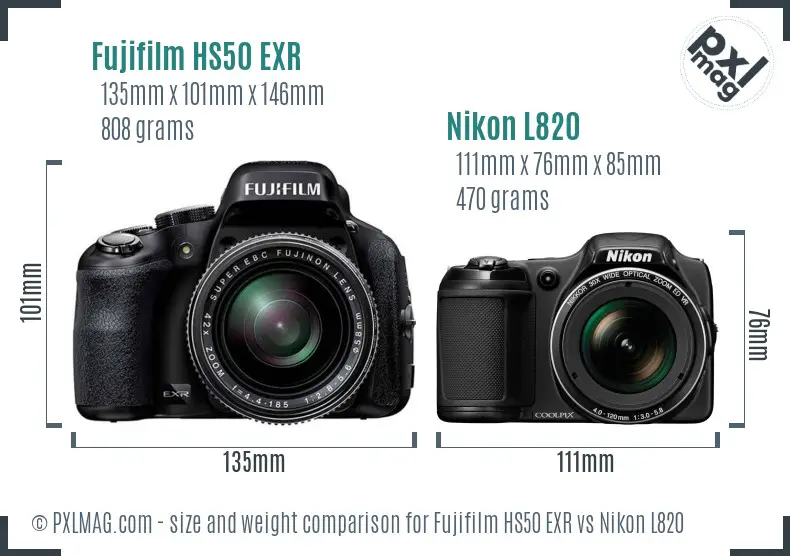 Fujifilm HS50 EXR vs Nikon L820 size comparison
