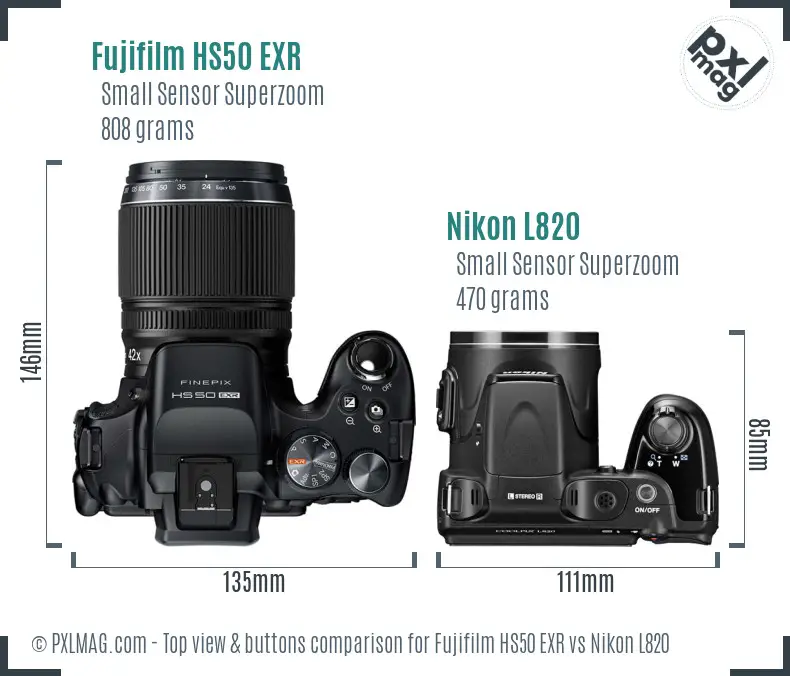 Fujifilm HS50 EXR vs Nikon L820 top view buttons comparison