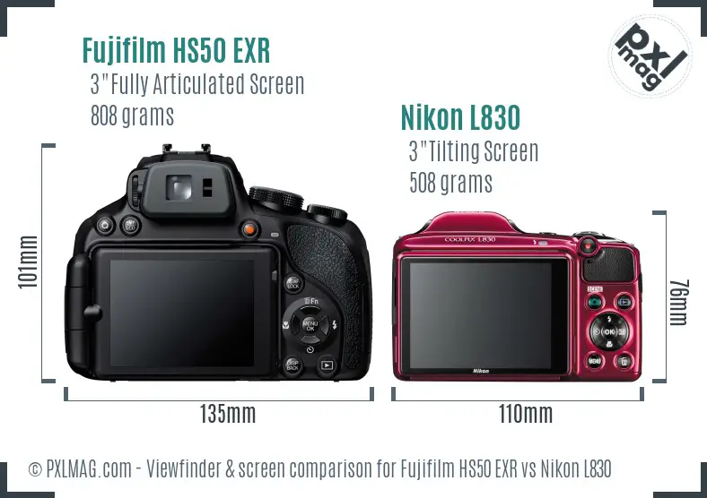Fujifilm HS50 EXR vs Nikon L830 Screen and Viewfinder comparison