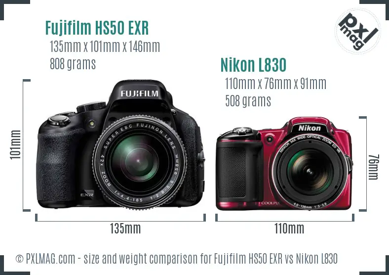 Fujifilm HS50 EXR vs Nikon L830 size comparison