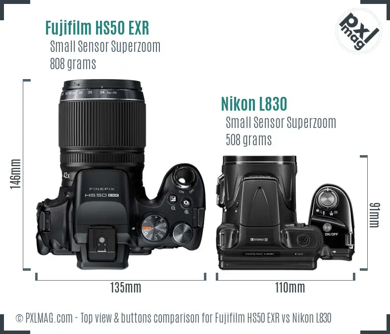 Fujifilm HS50 EXR vs Nikon L830 top view buttons comparison