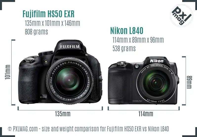 Fujifilm HS50 EXR vs Nikon L840 size comparison