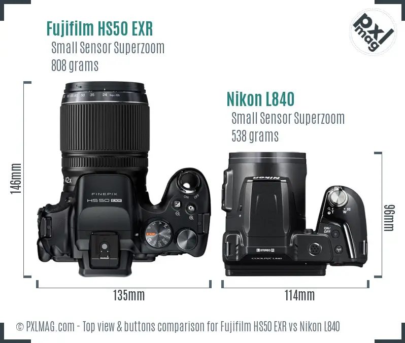 Fujifilm HS50 EXR vs Nikon L840 top view buttons comparison