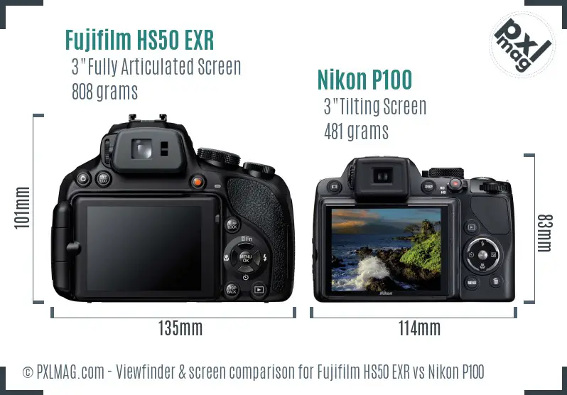 Fujifilm HS50 EXR vs Nikon P100 Screen and Viewfinder comparison