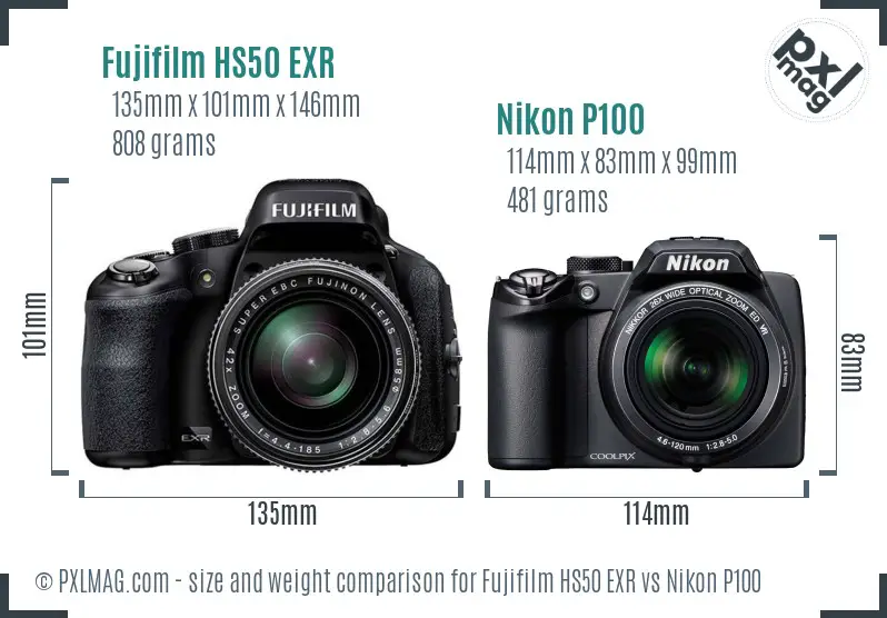 Fujifilm HS50 EXR vs Nikon P100 size comparison