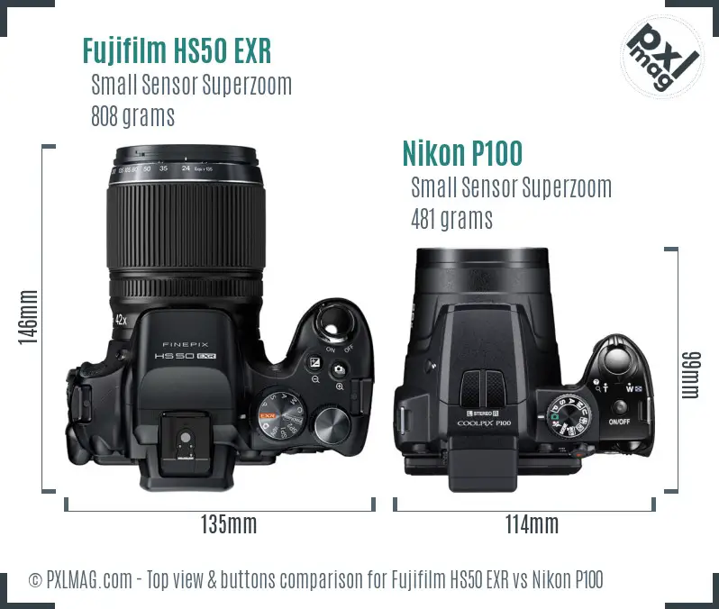 Fujifilm HS50 EXR vs Nikon P100 top view buttons comparison