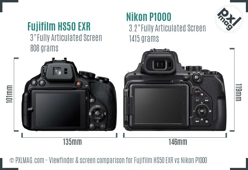 Fujifilm HS50 EXR vs Nikon P1000 Screen and Viewfinder comparison