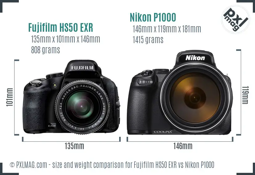 Fujifilm HS50 EXR vs Nikon P1000 size comparison