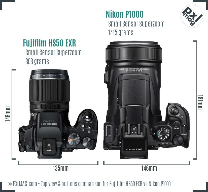 Fujifilm HS50 EXR vs Nikon P1000 top view buttons comparison