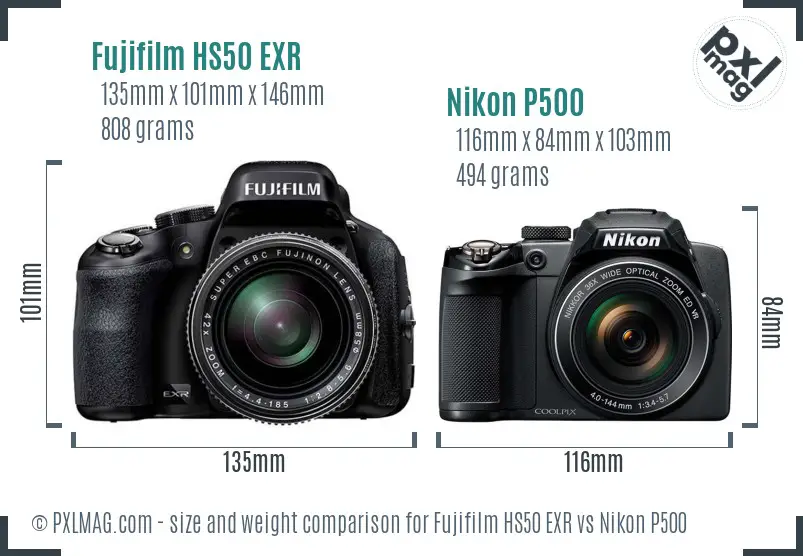Fujifilm HS50 EXR vs Nikon P500 size comparison