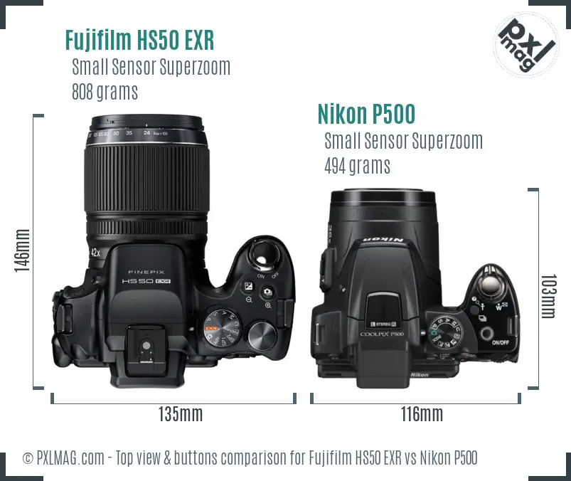 Fujifilm HS50 EXR vs Nikon P500 top view buttons comparison