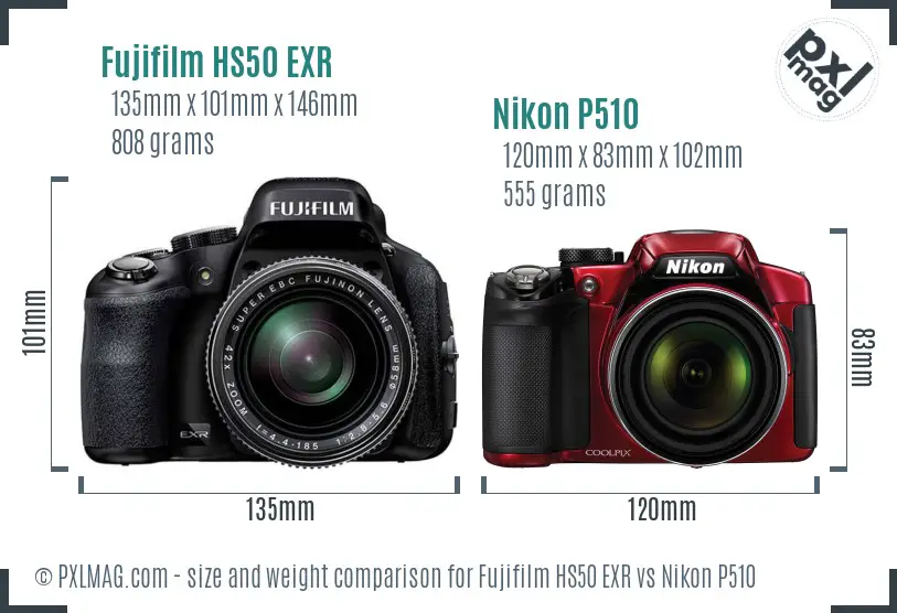 Fujifilm HS50 EXR vs Nikon P510 size comparison