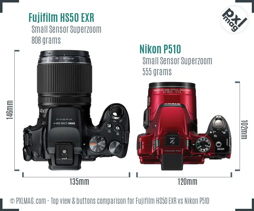 Fujifilm HS50 EXR vs Nikon P510 top view buttons comparison