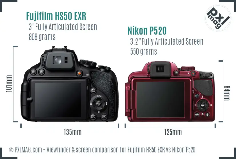 Fujifilm HS50 EXR vs Nikon P520 Screen and Viewfinder comparison