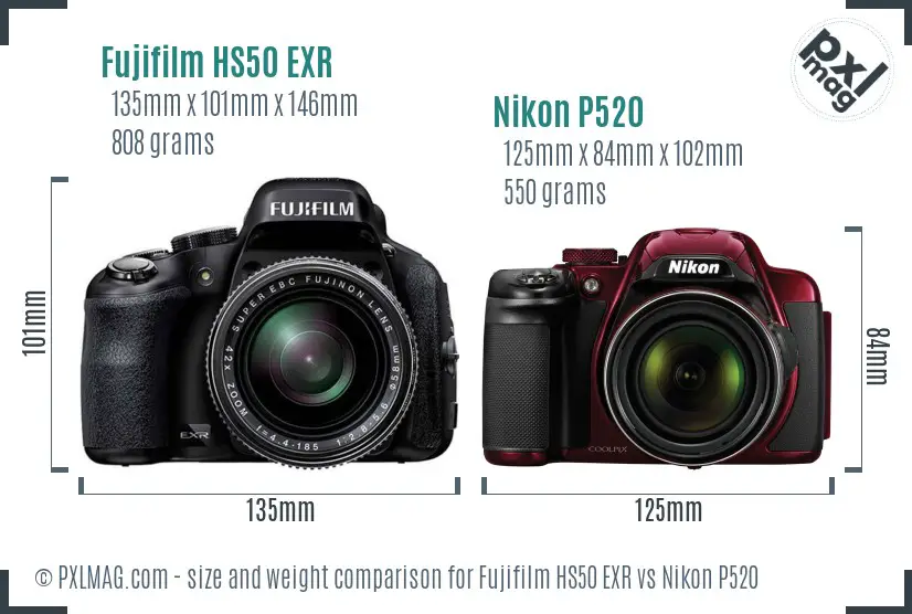 Fujifilm HS50 EXR vs Nikon P520 size comparison