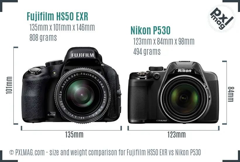 Fujifilm HS50 EXR vs Nikon P530 size comparison