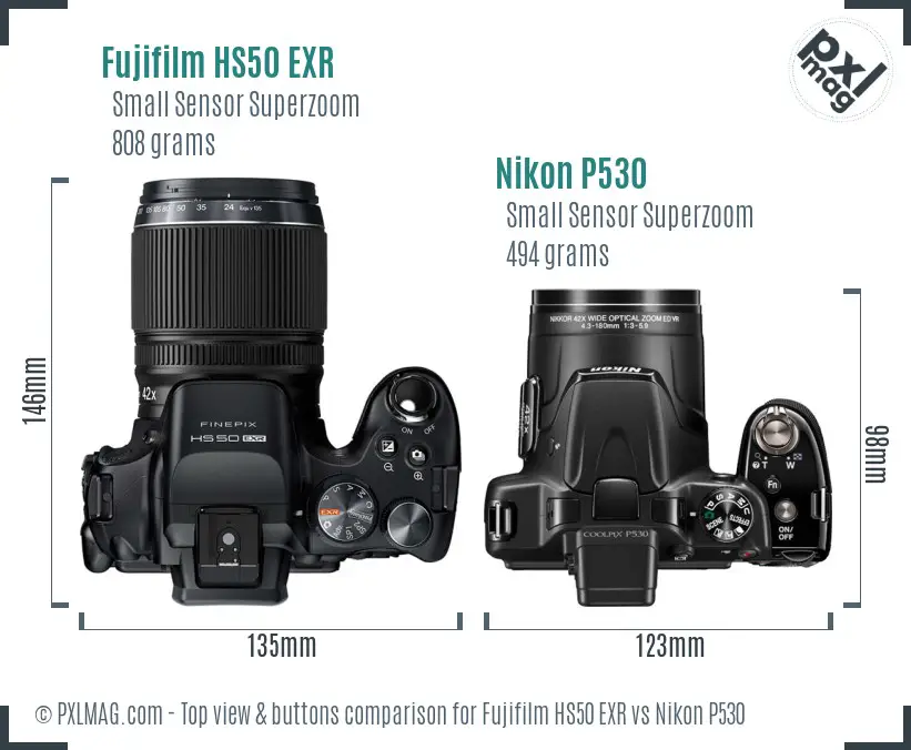 Fujifilm HS50 EXR vs Nikon P530 top view buttons comparison