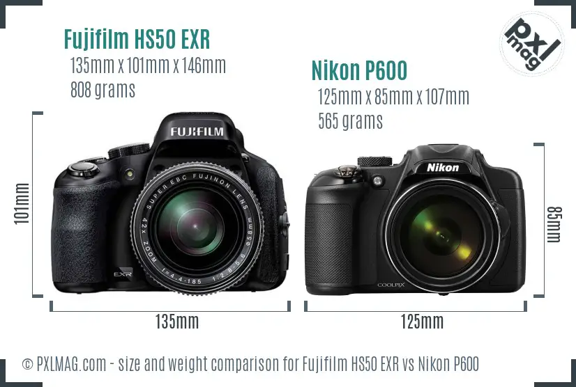 Fujifilm HS50 EXR vs Nikon P600 size comparison