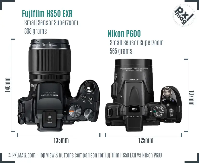 Fujifilm HS50 EXR vs Nikon P600 top view buttons comparison
