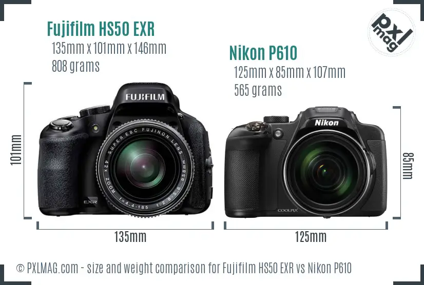 Fujifilm HS50 EXR vs Nikon P610 size comparison
