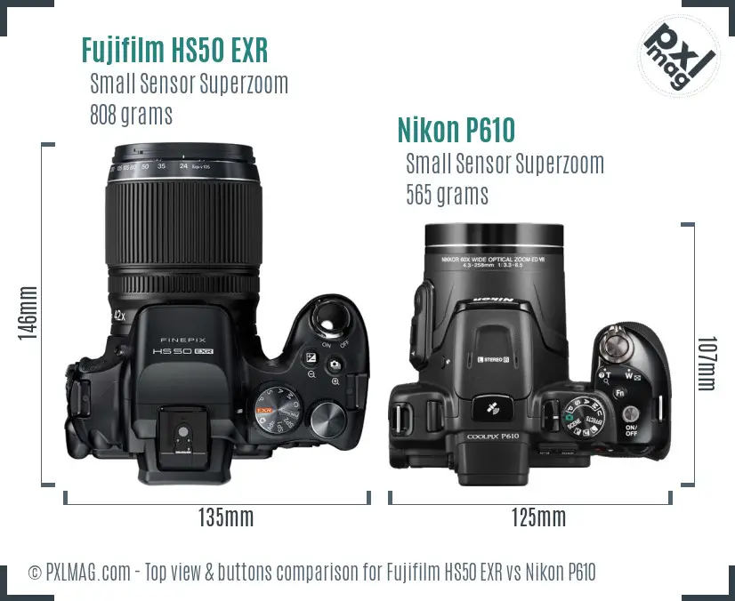 Fujifilm HS50 EXR vs Nikon P610 top view buttons comparison