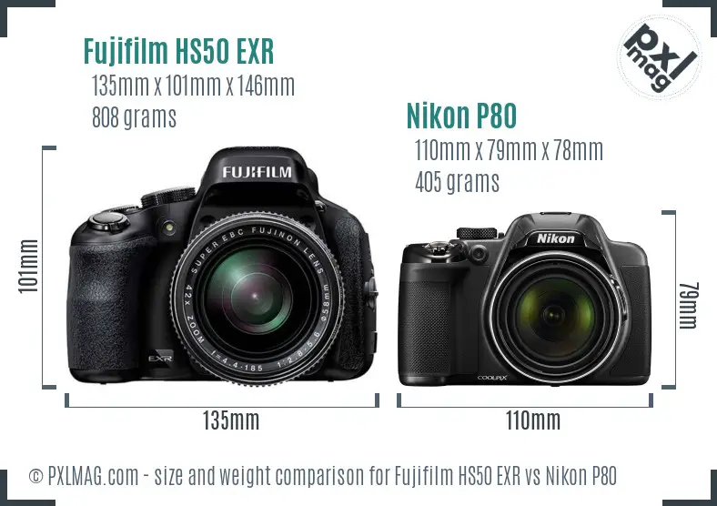 Fujifilm HS50 EXR vs Nikon P80 size comparison