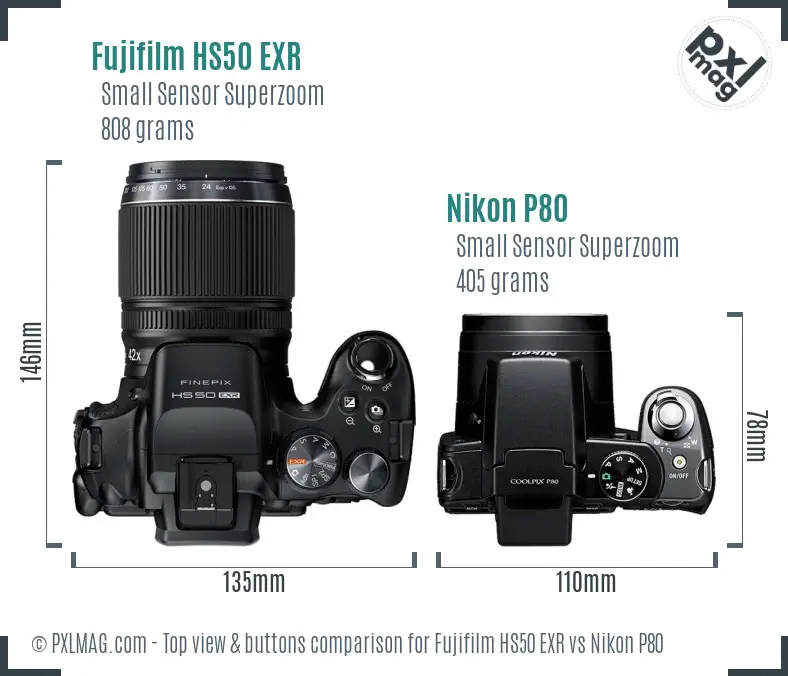 Fujifilm HS50 EXR vs Nikon P80 top view buttons comparison
