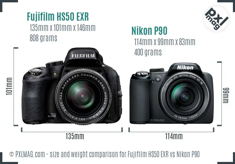 Fujifilm HS50 EXR vs Nikon P90 size comparison