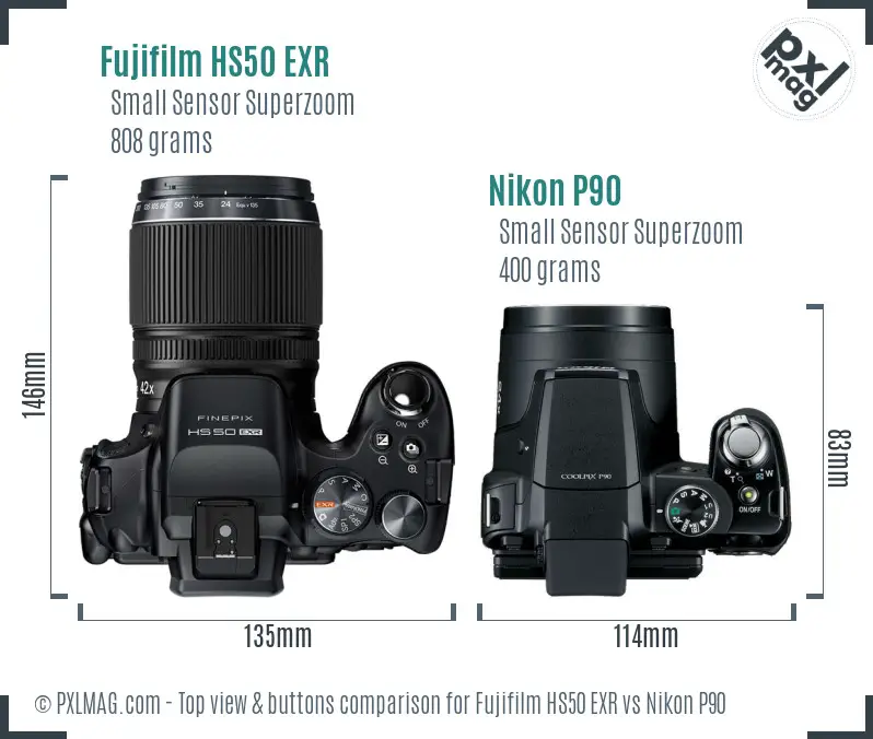 Fujifilm HS50 EXR vs Nikon P90 top view buttons comparison