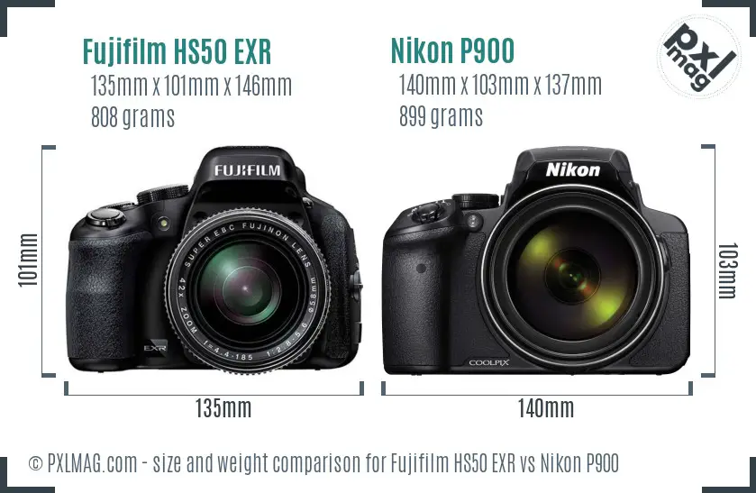 Fujifilm HS50 EXR vs Nikon P900 size comparison