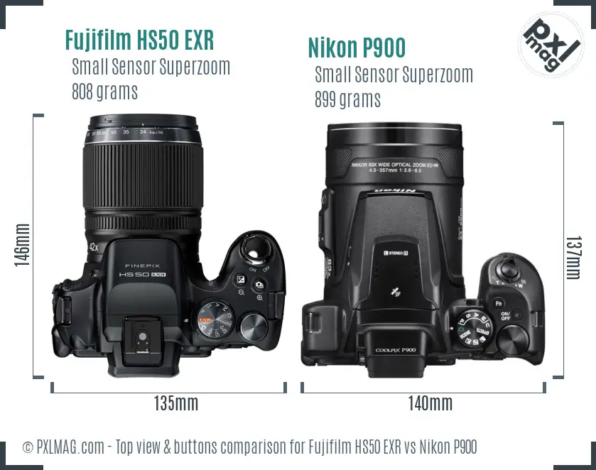 Fujifilm HS50 EXR vs Nikon P900 top view buttons comparison