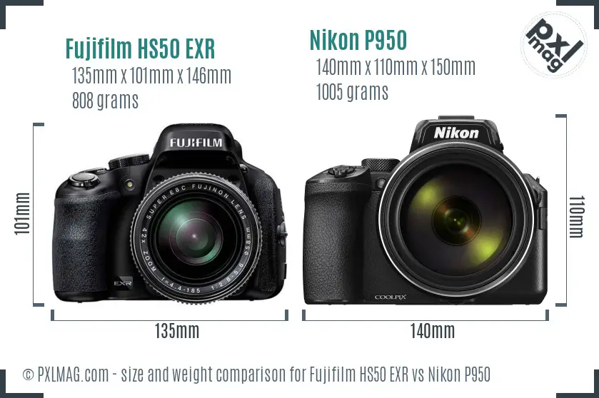 Fujifilm HS50 EXR vs Nikon P950 size comparison