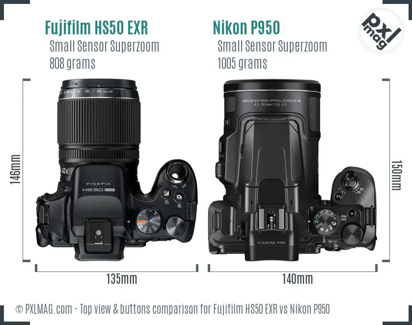 Fujifilm HS50 EXR vs Nikon P950 top view buttons comparison