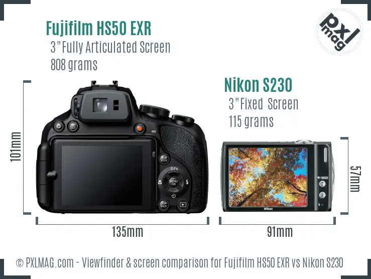 Fujifilm HS50 EXR vs Nikon S230 Screen and Viewfinder comparison