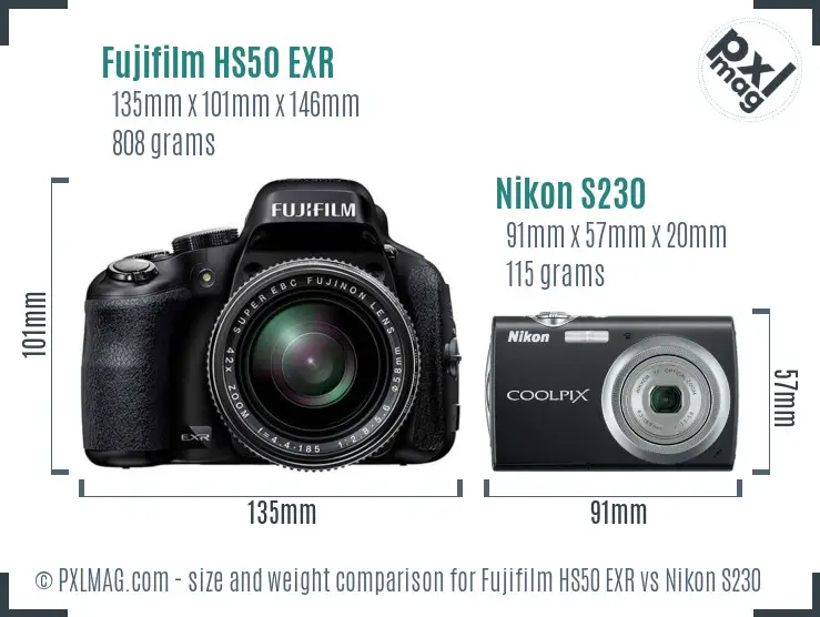 Fujifilm HS50 EXR vs Nikon S230 size comparison