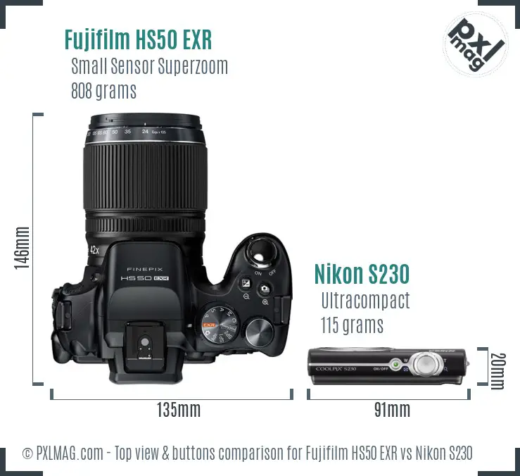 Fujifilm HS50 EXR vs Nikon S230 top view buttons comparison