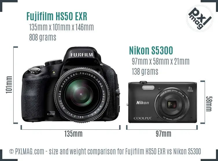 Fujifilm HS50 EXR vs Nikon S5300 size comparison